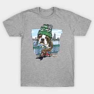 Boston Terrier Dog with Green, White and Black Winter Beanie T-Shirt